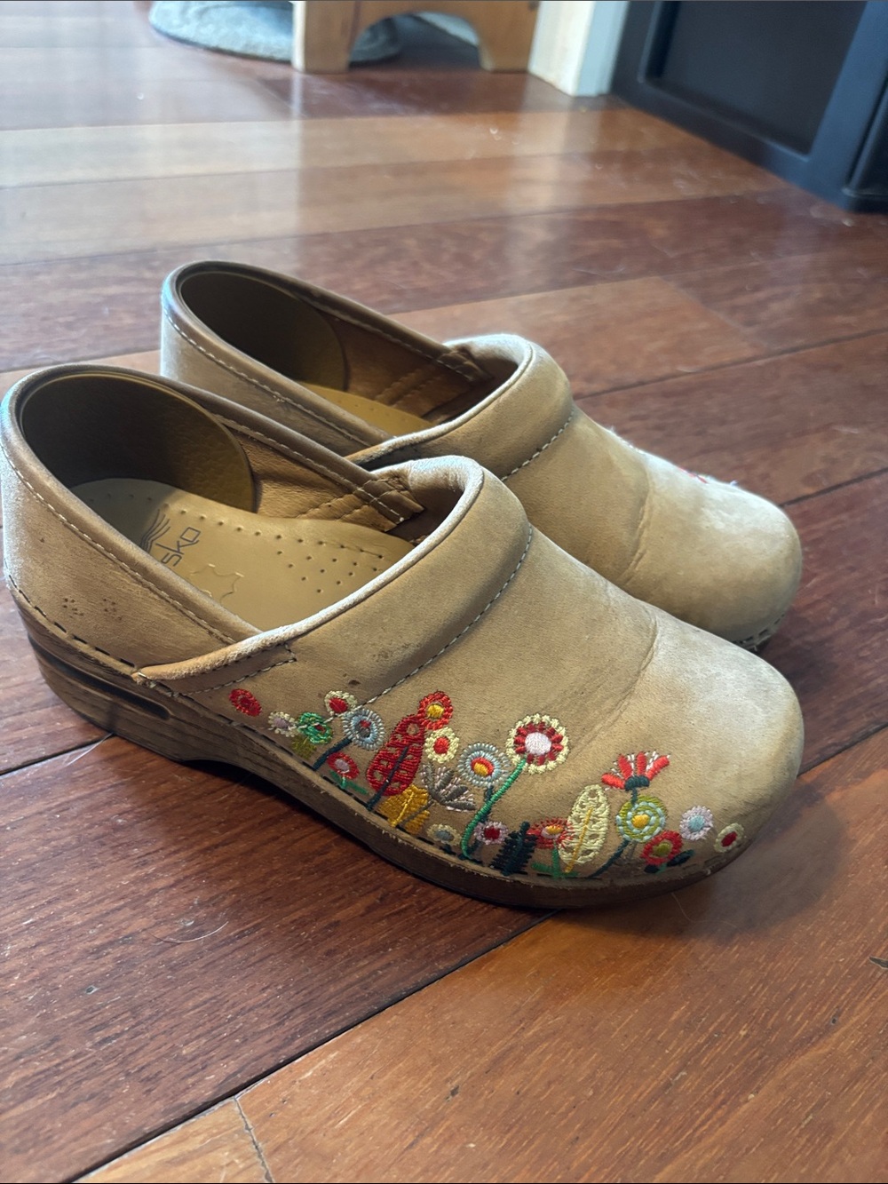 Dansko Tan Suede Clogs with Multicolor Floral Embroidery